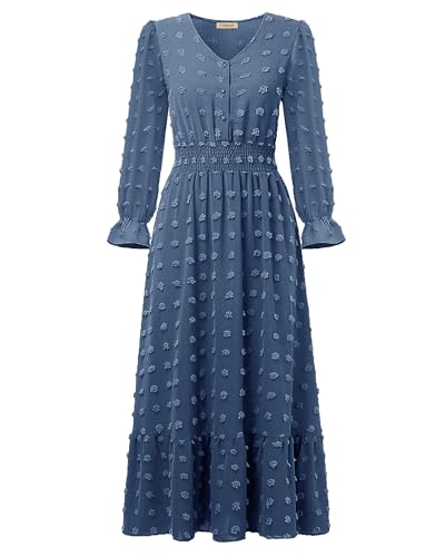 CzzzyL Women Nursing Boho Maxi Dress Swiss Dot Smocked with Pockets - color: Blue, size: Medium