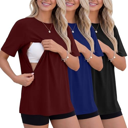 3 Pack Women's Oversized Nursing Tops - color: Wine Red, Dark Blue, Black, size: Small