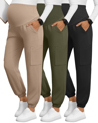 3 Pack Maternity Scrub Cargo Jogger Pants - color: Black, Army Green, Khaki, size: X-Large