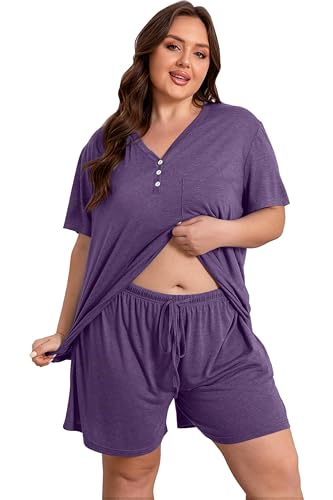 Vozanet Women's Plus Size Solid Pajama Sets Button V Neck Sleepwear Summer Shorts Nighty Soft Loungewear with Pockets - color: Bright Purple, size: 3X-Large