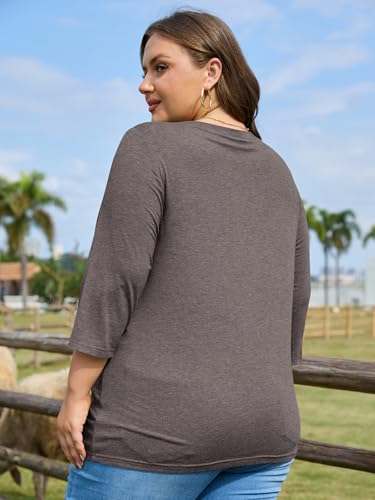 ZDC Womens Plus Size Shirts 3/4 Sleeve Tops Casual Crew Neck Blouse - color: Brown, size: XX-Large