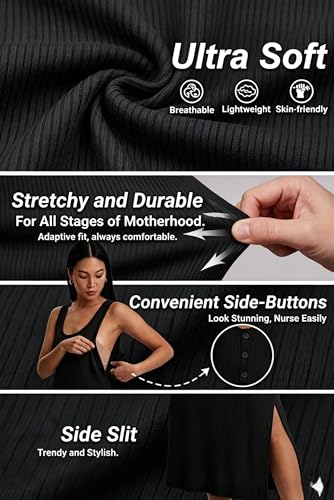 Womens 2026 Summer Maternity Nursing Dress, Rib Knit Split Midi Sleeveless Dress for Breastfeeding