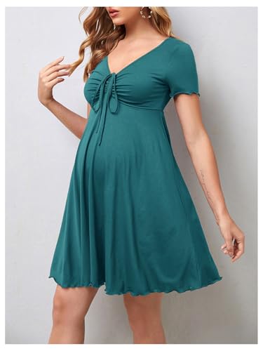 OYOANGLE Women's Maternity Tie Front V Neck Short Dresses - color: Teal Blue, size: Small