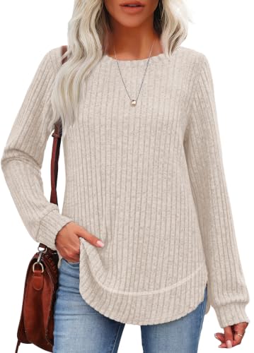 OFEEFAN Womens Sweaters Crew Neck Tunic Tops Long Sleeve Shirts Curved Hem - color: A-khaki, size: Medium