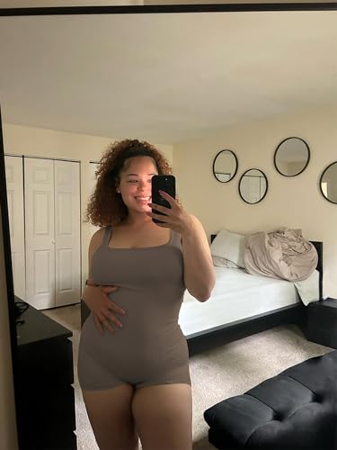 AIBIANOCEL Women's Maternity Bodysuit Pregnancy Shapewear Sleeveless Tank Top Shorts Ribbed Romper Jumpsuit - color: Tea Leaf, size: Medium