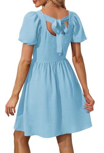 OFEEFAN Women Puff Sleeve Square Neck Tie in Back Dresses with Zipper - color: Baby Blue, size: X-Large