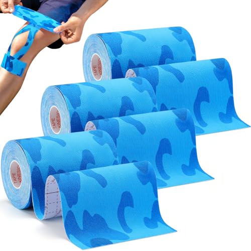 Wide Kinesiology Tape, 3 Pack, 4in x 5.5yd, Waterproof Blue Camo - color: Blue Camo - 4in