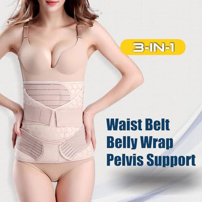 ChongErfei 3 in 1 Postpartum Belly Wrap Recovery Band Belt Abdominal Binder - color: Beige, size: X-Large