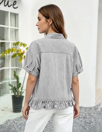 Flygo Womens Cropped Striped Button Down Shirts Ruffle Peplum Tops - color: Black, size: X-Large