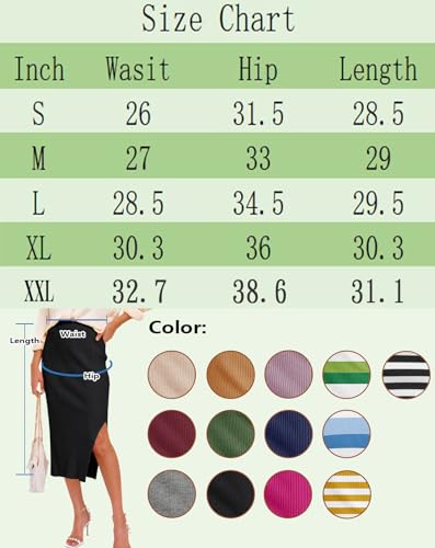 HERBATOMIA Midi Pencil Basic Skirt Casual Solid Split Side Stretchy Ribbed Knit Bodycon Mid Length Skirts for Women - color: Black, size: Small