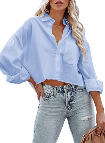 LAYOGAS Womens Crop Button Down Shirts Casual Long Sleeve Lapel Blouse - color: 03-light Blue, size: X-Large
