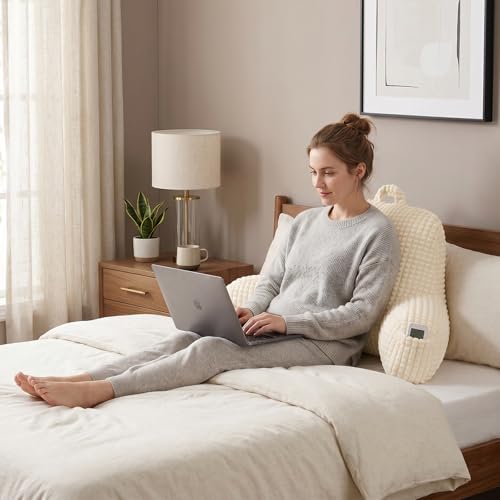 Reading Pillow with Arms for Sitting in Bed,Backrest,White Flannel,M - color: Cream, size: Standard(17")