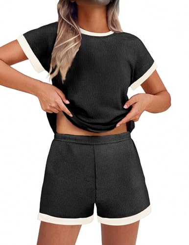 Ekouaer Two Piece Sets for Women Summer Striped Lounge Set Vacation Outfit - color: Black, size: X-Large