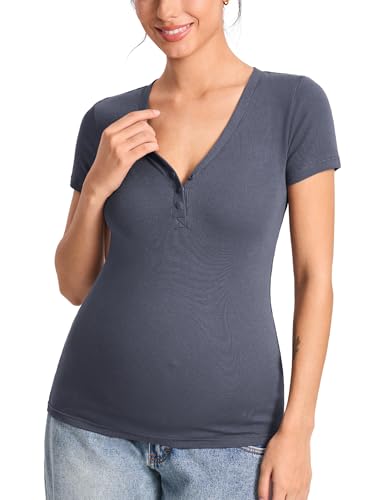 MOMANDA Cotton Ribbed Henley Maternity Tshirts - color: Ash Navy, size: Medium