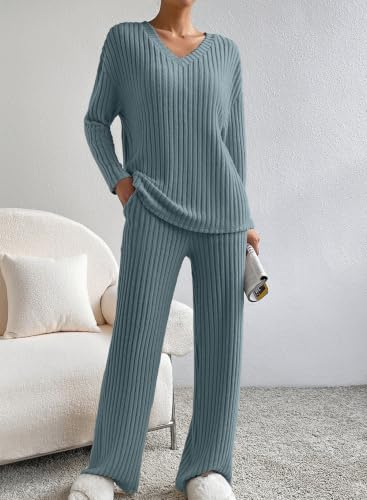 SHEWIN Women's Pajama Sets Ribbed Knit 2 Piece Lounge Sets - color: B Dusk Blue, size: X-Large