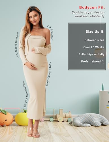 2 Piece Strapless Maternity Dress & Cardigan Set for Baby Shower - color: Champagne, size: Small