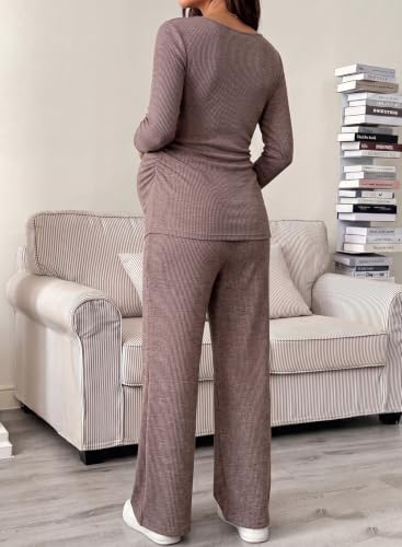 BLENCOT Maternity Clothes Ribbed Long Sleeve Sets Button 2 Piece Outfits - color: Brown, size: XX-Large