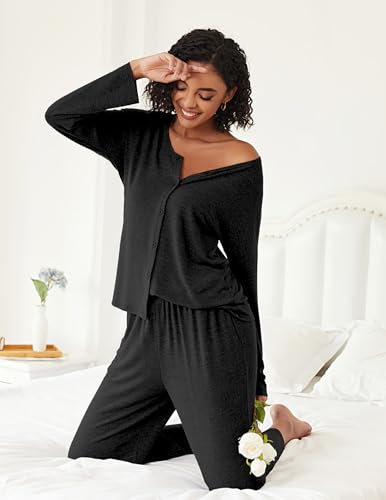 Ekouaer Womens Pajama Sets Button Up Long Sleeve Lounge Set Soft V Neck Pj - color: Black, size: Medium
