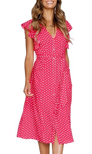 MITILLY Women's Boho Polka Dot Flutter Short Sleeve V Neck Button Down Swing Midi Dress with Pockets - color: 11 Rose, size: X-Large