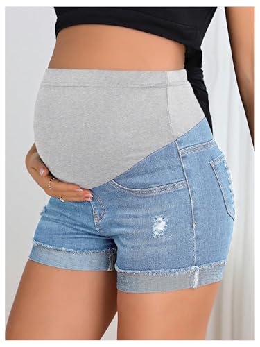 BEAUDRM Women's Maternity Adjustable High Waist Denim Mini Shorts - color: Light Wash a, size: X-Large