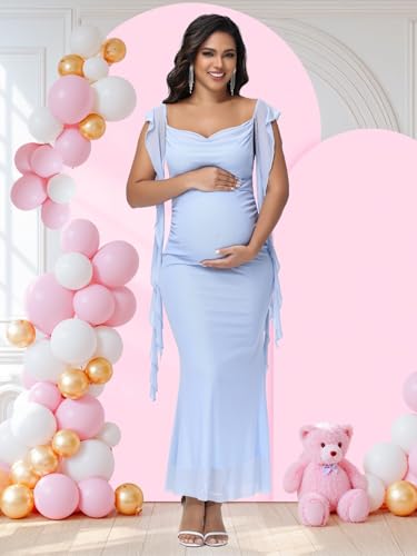 Women's Maternity Draped Neck Ruffle Bodycon Baby Shower Dress - color: Blue, size: Medium
