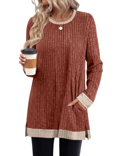 Sampeel Long Sleeve Shirts for Women Tunic Sweaters Fall Fashion Outfits - color: Caramel, size: X-Large