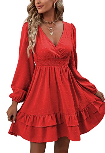 Rooscier Women's Wrap V Neck Swing Ruffle Swiss Dots Long Sleeve Mini Dress - color: True Red, size: Small