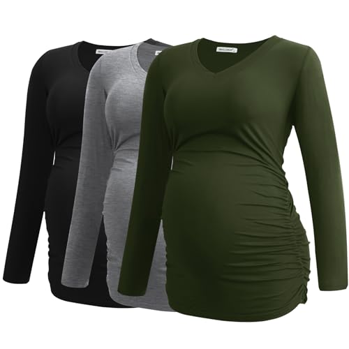 Smallshow Women's V-Neck Maternity Shirt Clothes Long Sleeve Ruched Pregnancy Top - color: Army Green-black-light Grey(3 Pack), size: Small