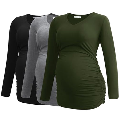 Smallshow Women's V-Neck Maternity Shirt Clothes Long Sleeve Ruched Pregnancy Top - color: Army Green-black-light Grey(3 Pack), size: Medium