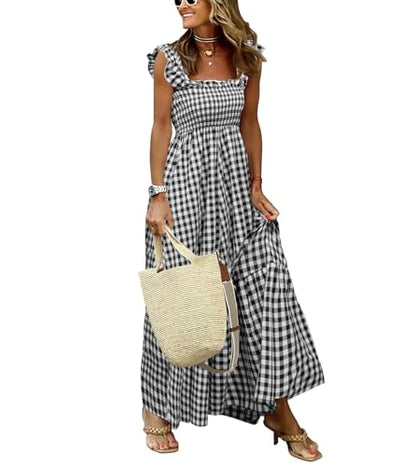 chouyatou Women's Retro Plaid Smocked Dress Spaghetti Strap Flounce Long Dress - color: Black, size: Medium