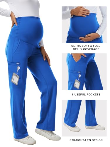 Women's Maternity Scrub Pants with 6 Pockets & 4-Way Stretch - color: Royal Blue, size: Small
