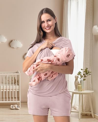 Rnxrbb 3 Piece Maternity Nursing Pajamas Set for Women Postpartum Pjs - color: Dusty Pink, size: X-Large