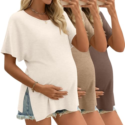 Riyiper 3 Pack Women's Maternity Tunic Cotton Shirts - color: Cream, Khaki, Coffee, size: Medium
