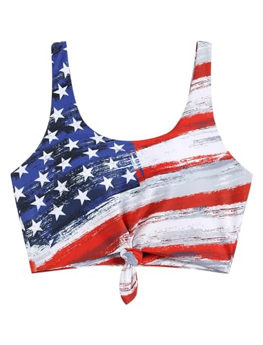 ZAFUL Women's Front Knot Bikini Tops Crop Tankini Bathing Suit Tops Only - color: American Flag 1, size: 3X-Large