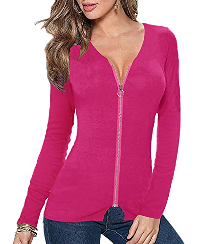 Afibi Women V Neck Zip Front Long Sleeve Casual Top Blouse Shirt/Cardigan - color: Coral, size: Medium