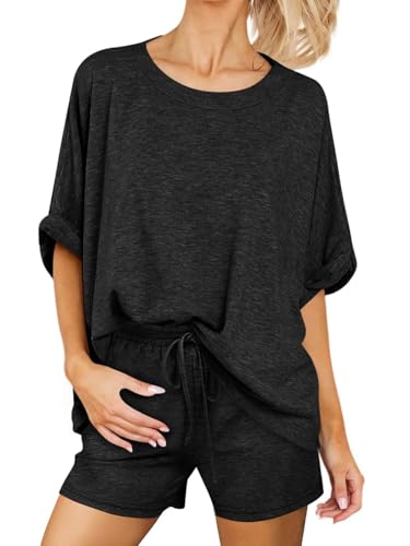 Tankaneo Womens 2 Piece Shorts Sets Oversized Short Sleeve Pajamas Sets - color: Black, size: Small