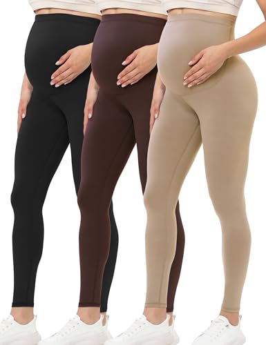 Buttergene 3 Pack Maternity Leggings with Elastic Band - color: 3pack Ink Black/Brown/Khaki, size: Medium
