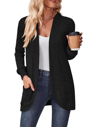 DB MOON Womens Long Cardigan Sweater Lightweight Open Front Long Sleeve Outfits with Pockets - color: Black, size: Medium