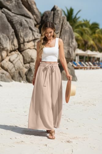 Womens Maxi Skirt with Pockets Elastic Waist Pleated A Line Summer - color: Coffee Gray, size: Small