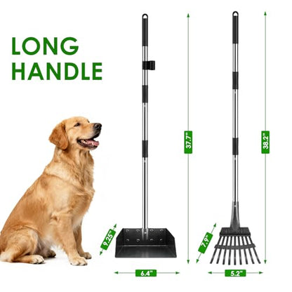 Pooper Scooper, Long Handle Pet Supplies with Stainless Metal Tray and Rake - color: Silver, size: Medium