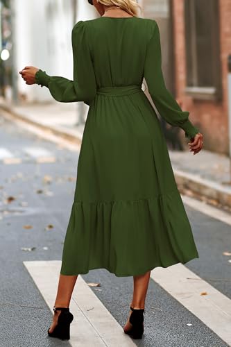 PRETTYGARDEN Women's Floral Boho Long Sleeve Maxi Dress - color: Solid Army Green, size: Small
