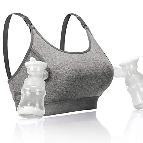 Momcozy Hands Free Pumping & Nursing Bra, Adjustable Cotton Breast Pump Bra - color: Grey, size: Small