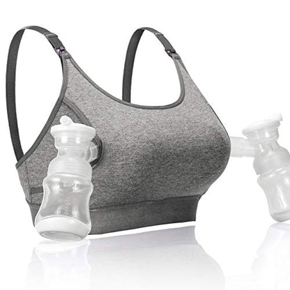 Momcozy Hands Free Pumping & Nursing Bra, Adjustable Cotton Breast Pump Bra - color: Grey, size: Medium