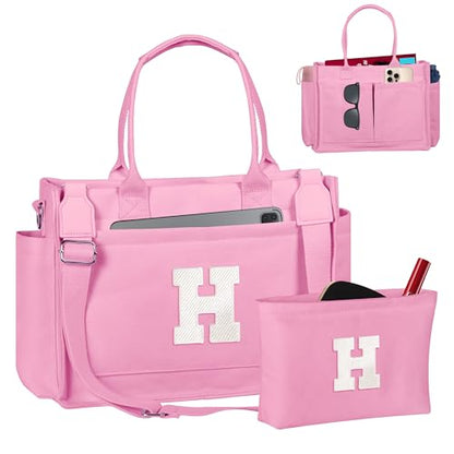Birthday Gifts for Women, Initial Tote Bag with Makeup Bag - color: Pink, style: H