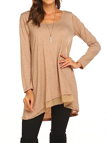Poetsky Women's Long Sleeve Tunic Tops Layered Chiffon Hem Blouses Shirts - color: A-brown, size: Medium