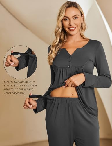 Ekouaer Maternity Nursing Pajama Set Long Sleeve Postpartum Pjs Mom Clothes - color: Grey, size: Small