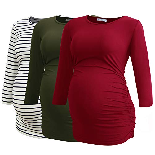 Smallshow Women's Maternity Tunic Shirts 3/4 Sleeve Ruched Pregnancy Tops - color: White Stripe-army Green-wine(3 Pack), size: Large