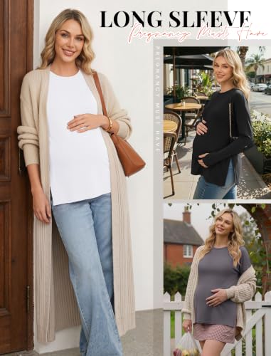 3 Pack Women Maternity Shirts Long Sleeve Pregnancy Tops with Thumb Hole - color: Black/White/Deep Grey, size: Large