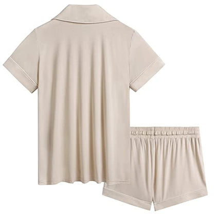 Cherrydew Women's Bamboo Viscose Cooling Button Up Pajama Shorts Set - color: Cream, size: Small