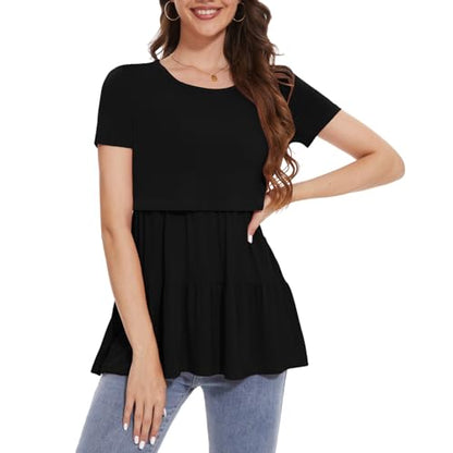 Bearsland Short Sleeve Nursing Top - color: Black & Vivid Blue & Deep Green, size: X-Large
